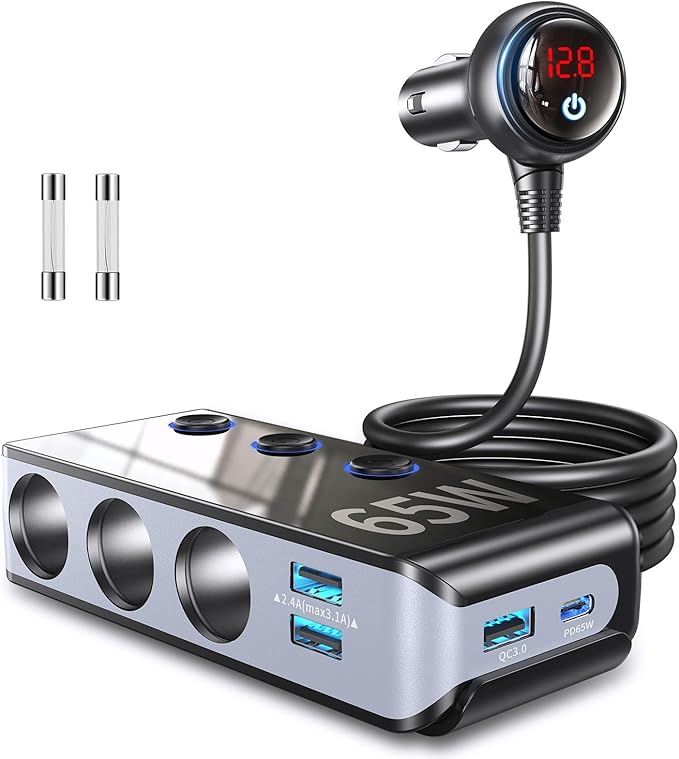 Cigarette Lighter Adapter Splitter 3 Socket with PD 65W Port 8.5A 4 Car USB Charger Multi Port 120W 24V/12V Splitter DC Outlet with Voltage Display, Car Accessories Gray