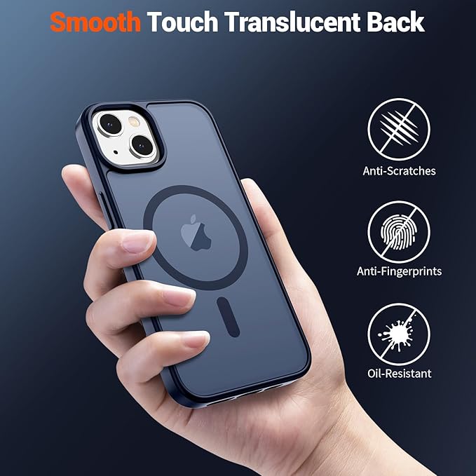 SUPFINE Magnetic for iPhone 14 Case & iPhone 13 Case with Screen Protector (Compatible with MagSafe)(Military Grade Drop Protection) Translucent Matte Shockproof Phone Cover,Dark Blue