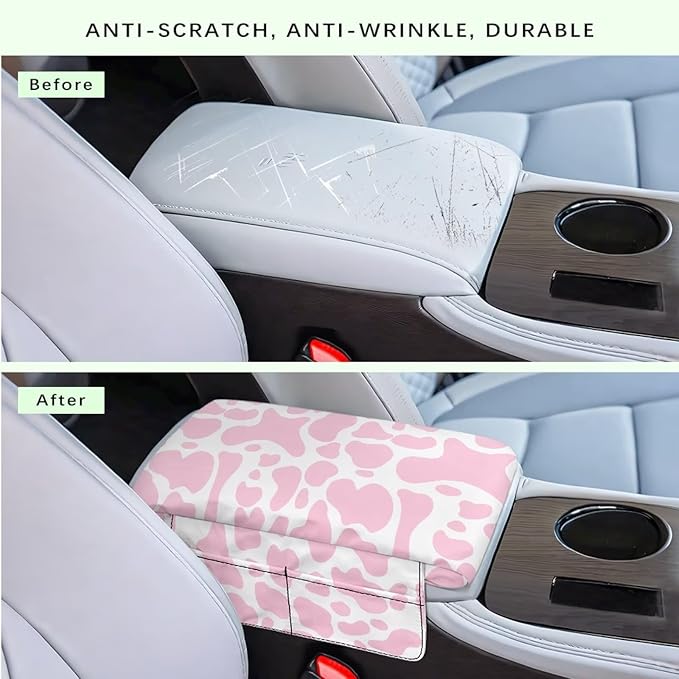 Dreaweet Pink Cow Print Center Console Cover for Car Thick Arm Rest Cover Pad with Pockets Cute Car Accessories for Women Interior Soft Anti Scratch Armrest Cover Cushion Pad