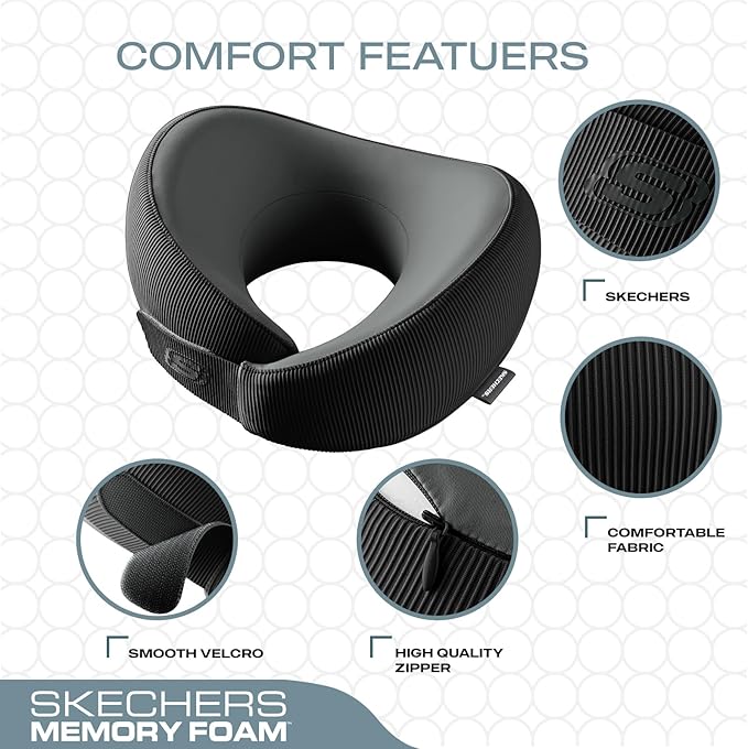 Skechers Men's Memory Foam Neck Pillow, Comfortable & Breathable Travel Pillow,Neck Pillow Airplane for Travel, Car Rides, Home, and Office Use, Ergonomic Design for Men and Women,Black