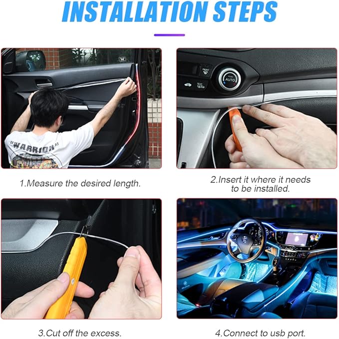 EL Wire LED Strip Lights, USB Auto Neon Light Strip with Sewing Edge, 16FT Electroluminescent Car Ambient Lighting Kit with Fuse Protection, Car Decoration Accessory (Orange/16FT)