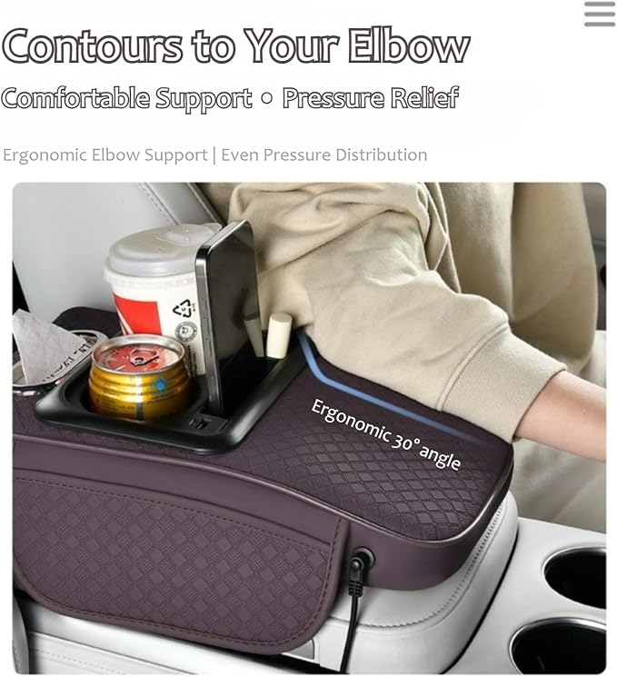 2026 Enhanced Car Center Console Armrest Cushion with USB& Type-C Charging, PU Leather Console Pad with Cup Holders, Storage& Tissue Outlet for Most Vehicles (Flat Version, Beige)