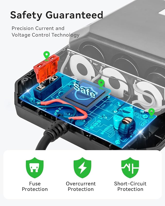 Anyongora 9-in-1 Cigarette Lighter Splitter, 156W Car Charger Adapter with PD 36W & QC 3.0, 3 Sockets with Independent Switches, 6 USB Ports, LED Voltage Display, UL Certified, Includes Spare Fuse