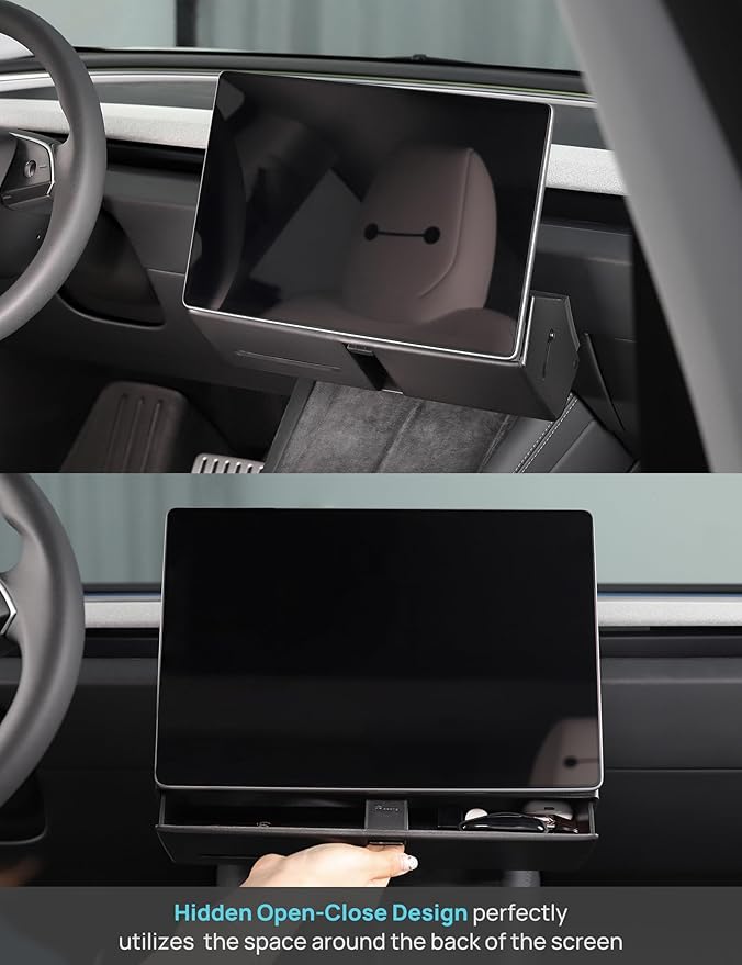 TPARTS Hidden Under Screen Storage Box for Model Y Juniper 2025-2026/Model 3 Highland 2024+ Magnetic Center Console Organizer Dashboard Vehicle Tissue Sunglass Holder(Standard, Premium, Performance)