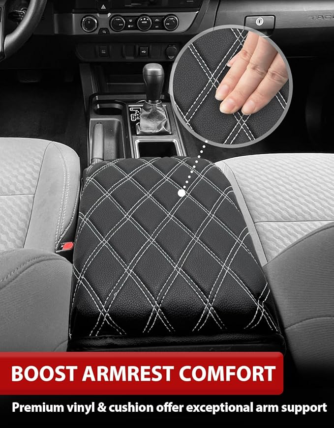 Center Console Armrest Cover for Toyota Tacoma 2016-2023, Middle Console Cushion Pad, Arm Rest Lid Covering, Vinyl Leather Interior Accessories, Black-Gray Stitches