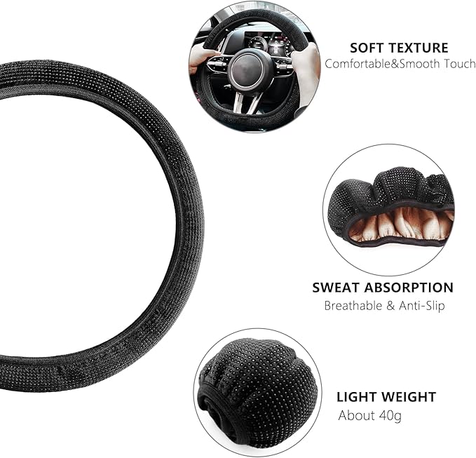 Steering Wheel Cover for Women Boho Universal Steering Wheel Covers Protector Car Accessories for Car 15 inch (Bling Black)