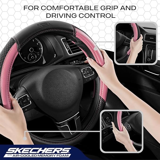 Skechers Air-Cooled Steering Wheel Cover,Leather Car Steering Wheel Cover Universal Fit 14" 1/2-15" Car Wheel Protector for Men Women Fit Suvs,Vans,Sedans,Car,Trucks,Pink