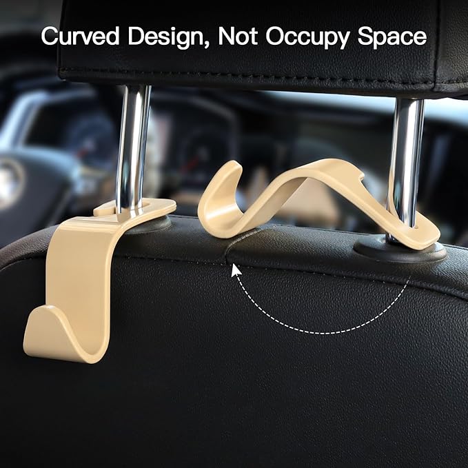 Soleebee 4 Pack Car Headrest Hooks - Universal Auto Hooks for Back Seat Hangers, Storage Organizer (Beige)