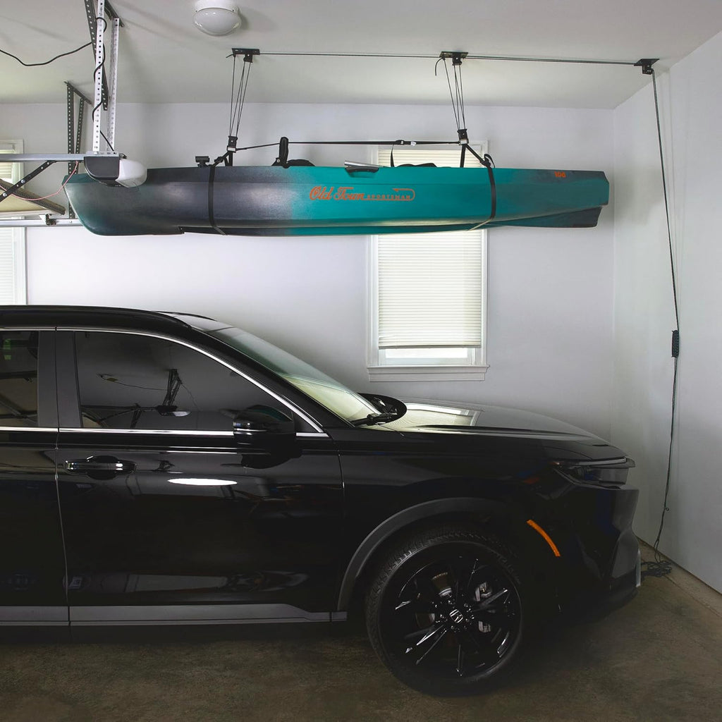Teal Triangle Heavy Duty Elite Kayak Hoist, Easy-Lift Garage Pulley System, Holds 150 lbs, Fits 12-Foot+ Ceilings, Patented No-Slip Strap, No Setup Required
