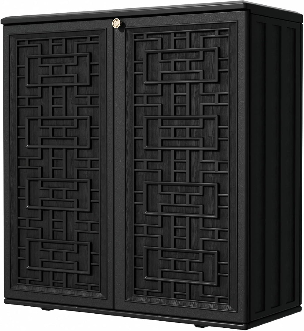 Outdoor Storage Cabinet Waterproof with Shelf,Resin Storage Sheds Outdoor Cabinets for tub towels/chemicals/grill items/Patio/Garden/Backyard, Size 34.3''L*15''W*36.2''H（Black）