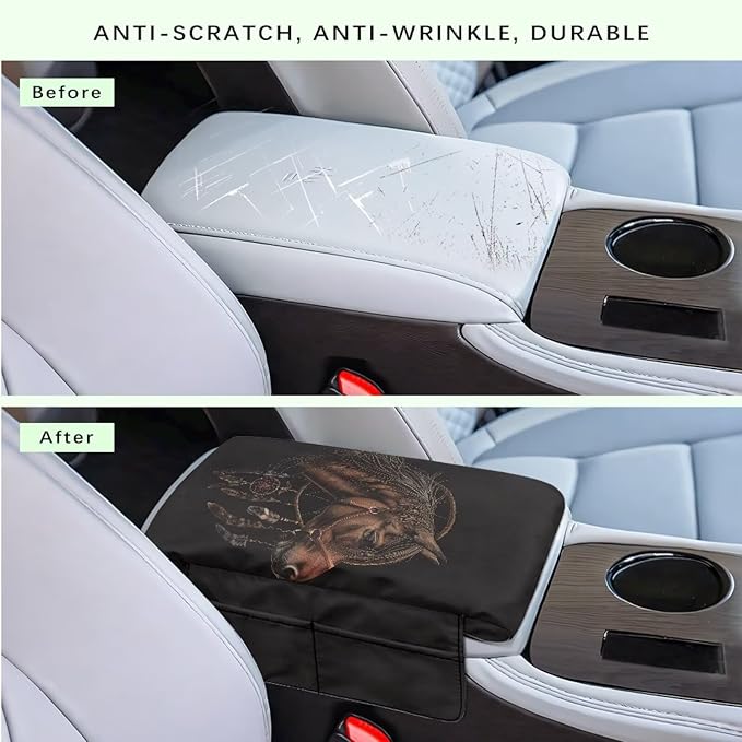 Wanyint Brown Horse Dream Catcher Auto Center Console Cover Armrest Seat Box Pad Protector with Side Storage Pocket Middle Console Pad Arm Rest Protective Cover Car Interior Protection