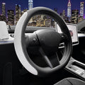 SEG Direct Flat Bottom Steering Wheel Cover, D Shaped Car Wheel Cover 14 1/2-15 in. (37-39 cm), Black White Embossed Microfiber Leather