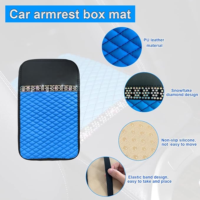 Bling Leather Car Center Console Cover, Car Center Console Protector With Glossy Crystal Rhinestone, Universal Waterproof Car Armrest Seat Box Cover For Most Car, Vehicles, SUVs, Trucks (Blue)