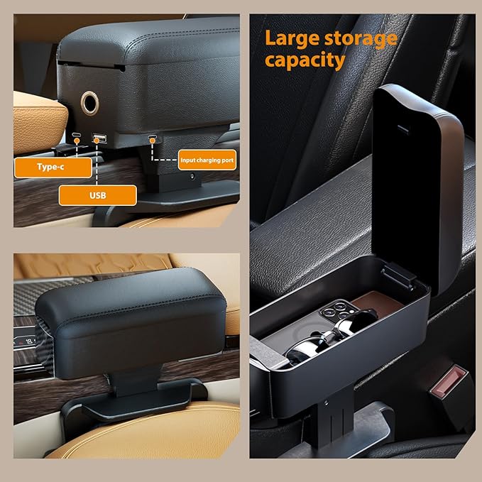 Sporacingrts Universal Car Armrest Storage Box with Cup Holder, USB & Type-C Charging Ports, Adjustable Forearm Wrist Support, Center Console Organizer for Most Vehicles