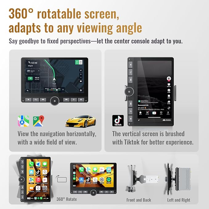 Haudio 10.1" Single Din Android Car Stereo with 360° Rotatable Touch Screen - Android 13, Wireless CarPlay & Android Auto, 2G+64G, Built-in GPS/Wi-Fi/Bluetooth, Includes Backup Camera.
