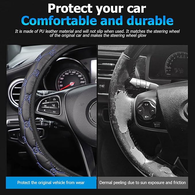 Car Steering Wheel Cover, PU Leather Non-Slip Lantern Pattern Vehicle Steering Wheel Cover Protection, Breathable Automotive Interior Protecter Accessories, Universal Fit (Black/Blue)