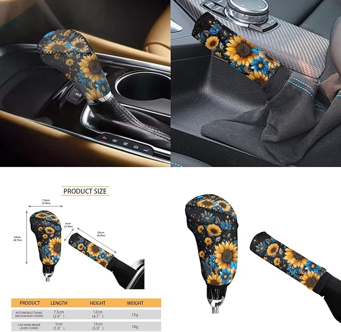 Blue Sunflower Print 6pcs Steering Wheel Cover Car Accessories for Women Men Butterfly Cup Coaster Handbrake Cover Fit Auto,Suvs,Truck