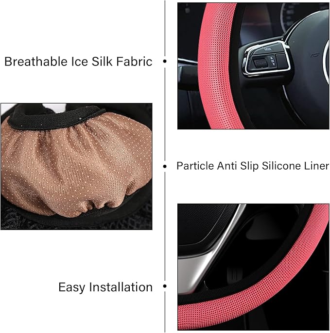 Red Mesh Steering Wheel Cover, Universal 15 inch, Elastic Stretch Microfiber Breathable Ice Silk Cover, Anti-Slip, Odorless, Sweat Absorption, Warm in Winter and Cool in Summer