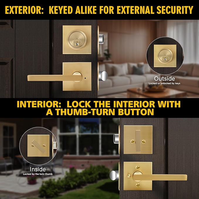 Front Door Handle with Deadbolt Lock Set, Keyed Alike Heavy Duty Privacy Handles Locksets, (4Pack-Set,Satin Brass)