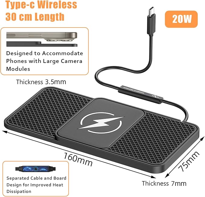 Wireless Car Phone Charger for Land Rover Range Rover Velar Range Rover P400, Type C/USB 20W Fast Charging Pad, Non-Slip Charging Station for Travel Home Office Desk, Lightweight,Type-C