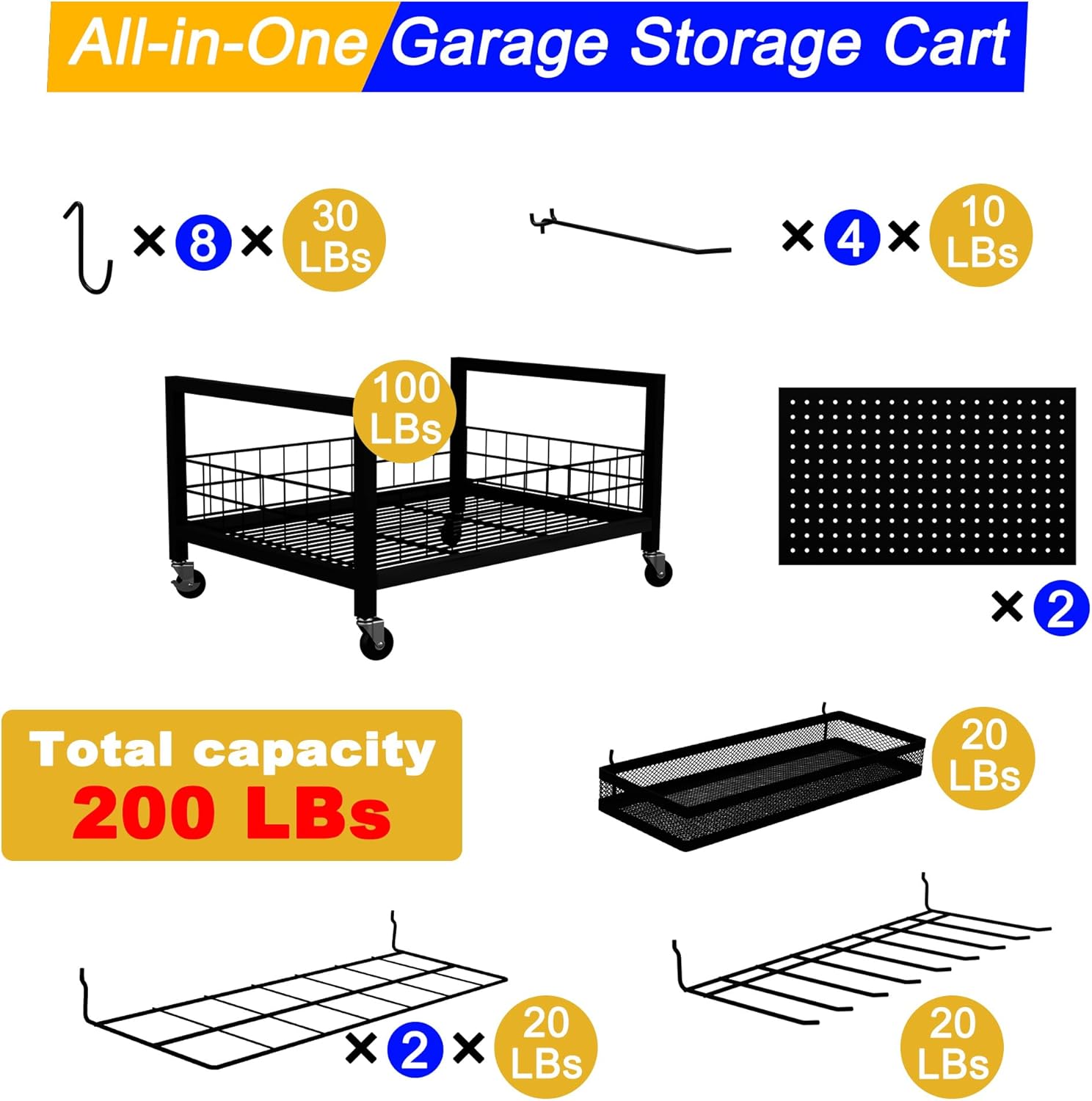 All-in-One Garage Storage Cart with Locking Wheels – Heavy-Duty Tool Organizer with Rack, Pegboard & Hooks & Accessories – Ideal for Garage, Garden, Yard – Utility Cart with Versatile Storage