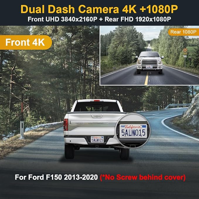 Fitcamx Front 4K +Rear 1080P Dash Cam Adapts for Ford F150 2013-2020 (No Screw Behind Your Cover) HD2-6275, OEM Look, 2 Way HD Video, Loop Recording, WiFi & APP, G-Sensor, Easy to Set, 128GB Card