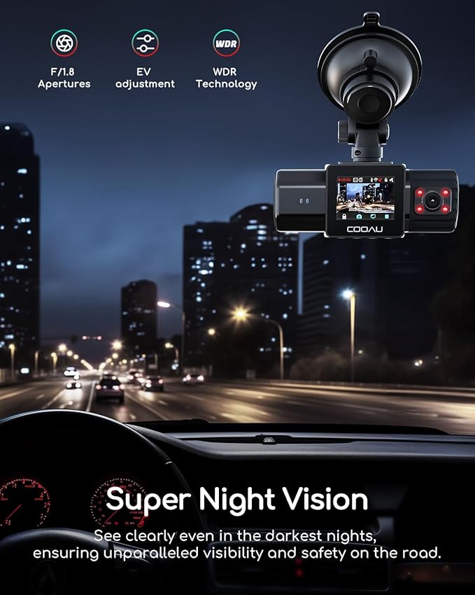 COOAU Dual Dash Cam 2.5K+1080P, Dash Cam Front and Inside, Built-in GPS and WI-FI, Dash Camera for Cars, Perfect for Uber and Taxi Drivers, Night Vision, Accident Record, 24Hr Parking Mode