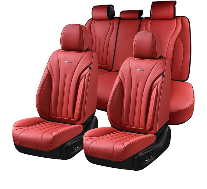 Coverado Seat Covers Full Set, Red Seat Covers for Cars, Front and Rear Seat Covers Waterproof Seat Cover, Leather Car Seat Protector, Universal Car Seat Cushion Fit for Most Sedan, SUV, Truck, Red