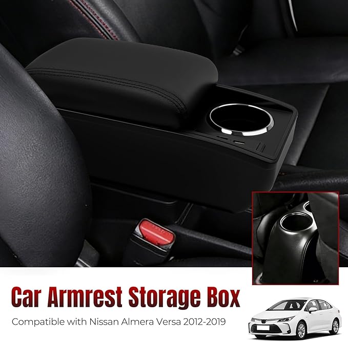 Car Armrest Storage Box Compatible with Nissan Almera Versa 2012-2019 Double Layer with 6 Ports and Cup Holder Car Interior Accessories Black Thread