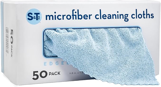 S&T INC. 50 Pack Microfiber Cleaning Cloth with Box, Bulk Towels for Home, Reusable Microfiber Towels for Cars, Cleaning Rags, Blue Color will Vary, 190gsm, 11.8 Inches x 11.8 Inches, 50 Count