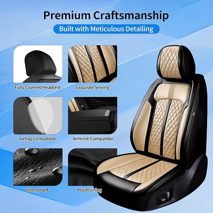 Fit Blazer Car Seat Covers for Select Chevrolet/Chevy Blazer 2019-2026, Premium Full Coverage Leather, Airbag Compatible, Waterproof All Weather Seat Cushion Protector, Front Pair Black+Beige
