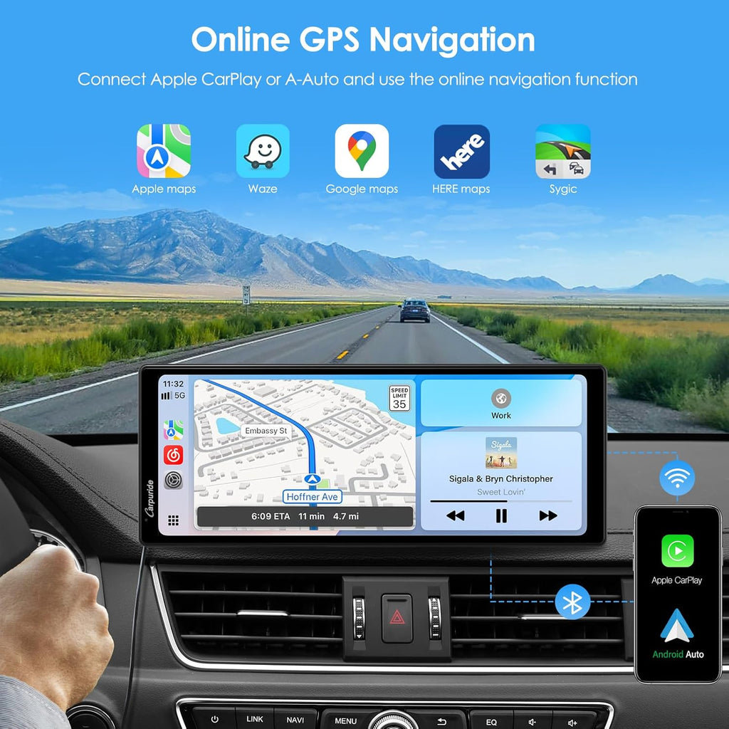CARPURIDE 10.26 Inch Wireless/Wired Apple CarPlay, Android Auto and Mirror Link - 1600 * 600 IPS Touch Screen Portable Car Stereo, Bluetooth Audio, Siri, Navigation Car Screen for All Vehicles