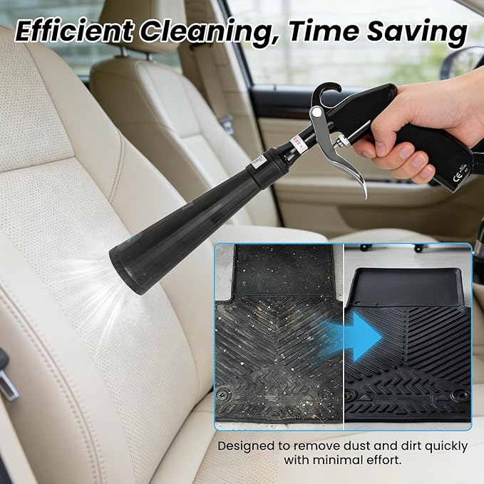 SakerPlus Dry Cleaning Gun, Air-Powered Car Interior Cleaning Tool with Vortex Airflow, Air Compressor Gun for Seats, Carpets, Floor Mats, Vents and Auto Detailing (1 Set Nozzle)