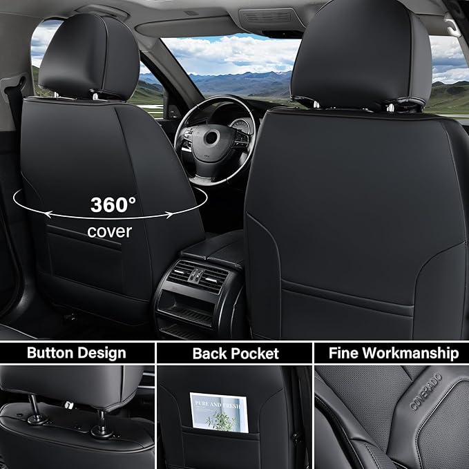 Coverado Automotive Seat Covers, Leather Seat Covers Front Seat, Luxury Car Seat Covers with Lumbar Support, Front Driver Seat Covers, Car Seat Protector Waterproof Universal Fit Most Cars(Black)