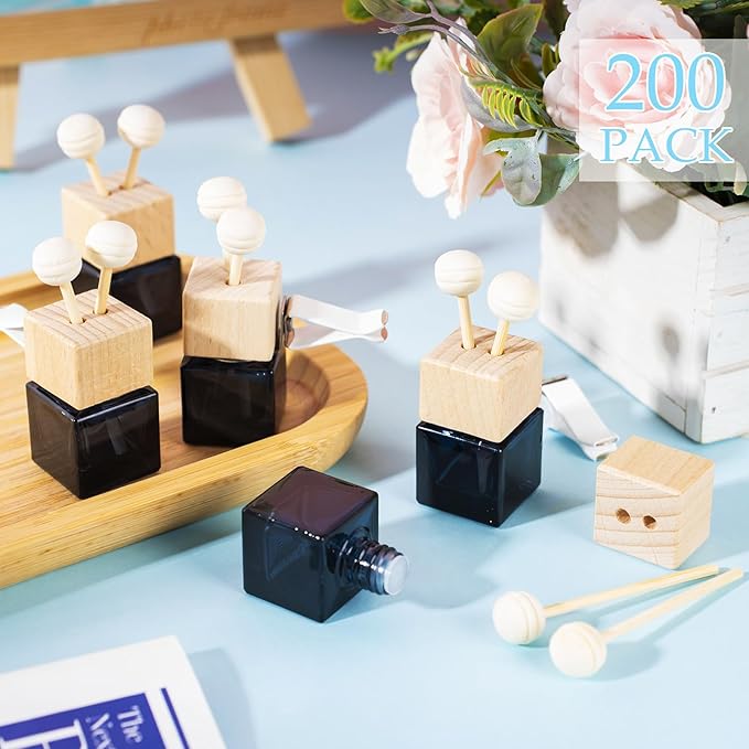 Zubebe 50 Pcs Car Diffuser Bottles Empty Bulk Vent Clip Car Air Freshener Diffuser for Essential Oil Perfume Glass Bottle with Wooden Caps Stick Fragrance Ornament (Gradient Black)