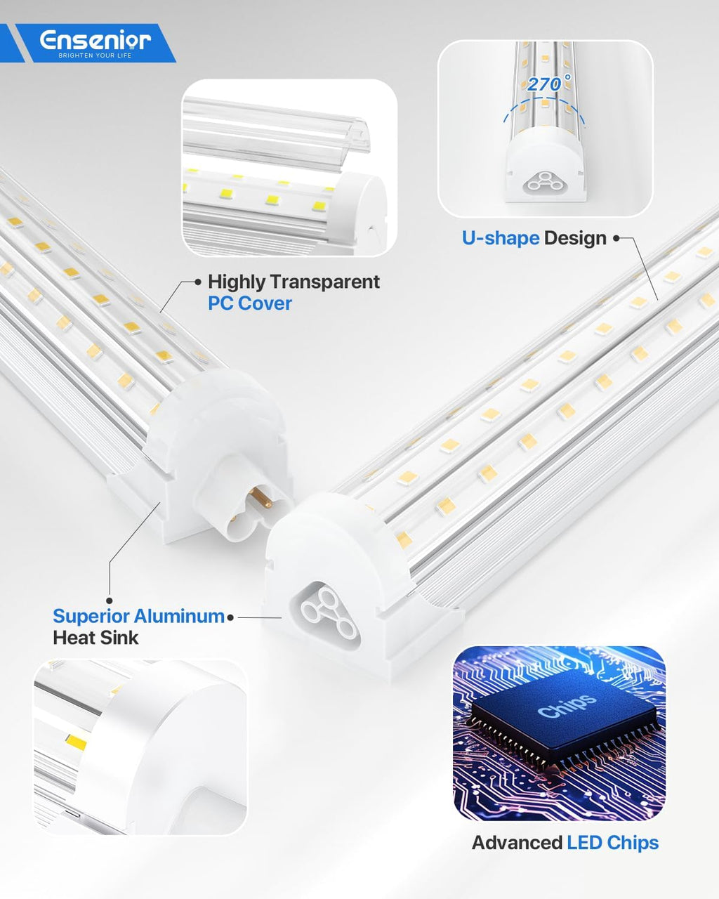 Ensenior 6 Pack 4 FT Led Shop Lights, 6000K Clear White, 5000LM Super Bright, 36W Equivalency 468W, Commercial Bay Lighting, U-Shaped Linkable Shop Lights Plug in for Garage, Workshop, FCC Certified