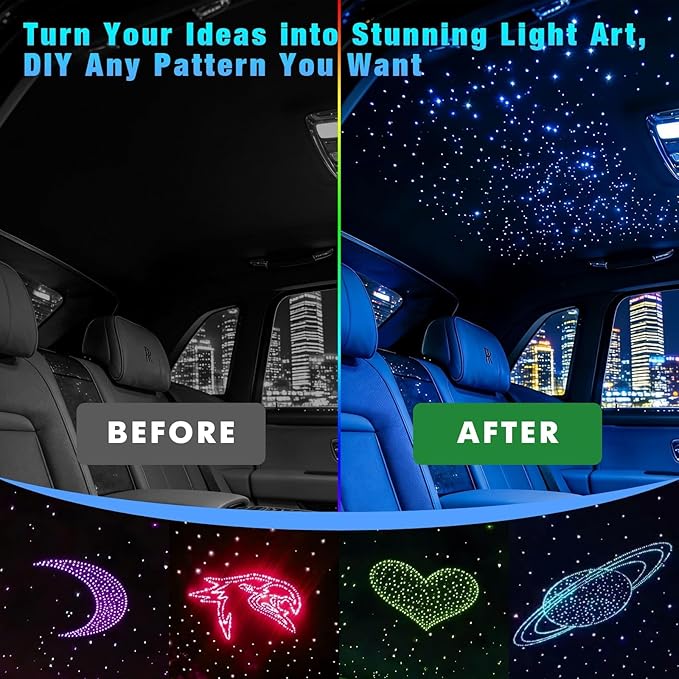 Starlight Headliner Light Kit 16W Upgraded Car Home Fiber Optic Lights 600pcs*0.03in(6.5ft/2m) Sound Activated APP/Remote Control Small Size Star Lights for Car Home Star Ceiling Decoration