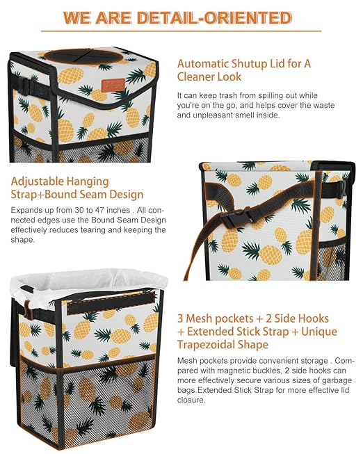 Pritent Car Trash Can with Lid, Cute Leakproof Car Trash Garbage Bag Hanging Vehicle Trash Bin Small Portable Automotive Garbage Cans Organizer for Back/Front Seat(Trapezoid,Pineapple Print