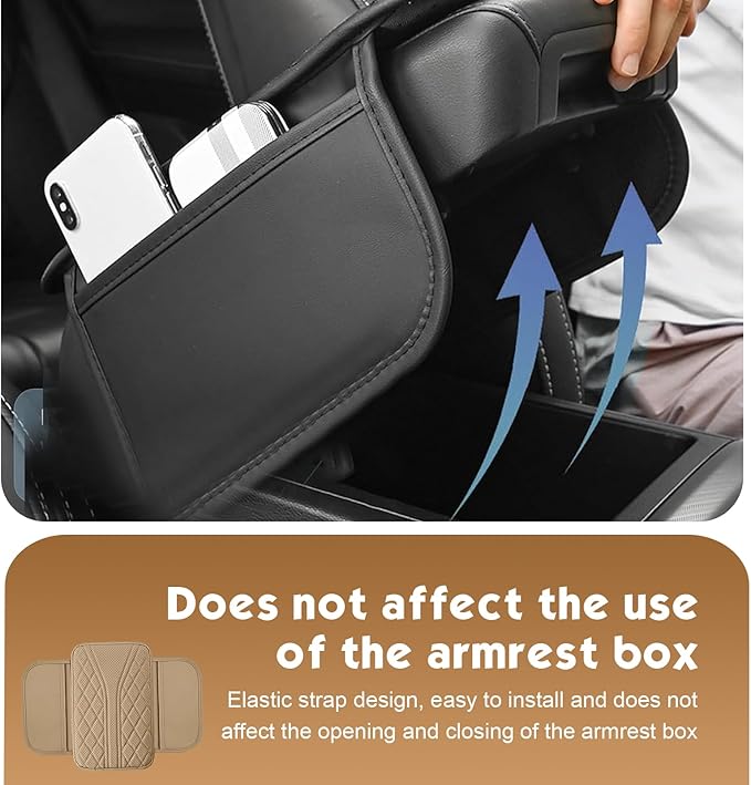 Car Center Console Cover, Leather Automotive Armrest Cushion with 2 Storage Bags, Breathable Armrest Cover, Universal Waterproof Arm Rest Protection Pad for SUV, Sedan, Truck (Beige)
