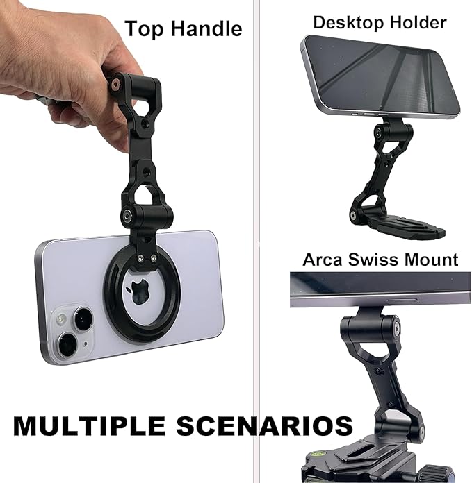 Magnetic Tripod Mount Adapter with 1/4" Threads & Multi-Angle Arri Holes, MagSafe Compatible Stand for iPhone 16 Pro Max, 15 Plus, 14, 13, 12 Mini - ME60 (MT-60)