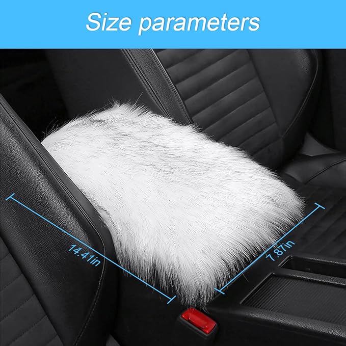 Furry Auto Center Console Cover Pad, 11.8"x7.8" Soft Sheepskin Wool Armrest Cushion, Fluffy Vehicle Armrest Seat Box Protector, Car Interior Accessories for Women Men (White/Black)