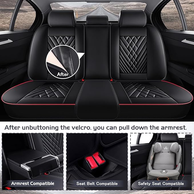 Truck Seat Covers for Ford F150 2009-2026, Waterproof Premium Leather Full Coverage Car Seat Covers, Muscle Sport Style Auto Interior Seat Cover Sets (Full Set/Black Red)