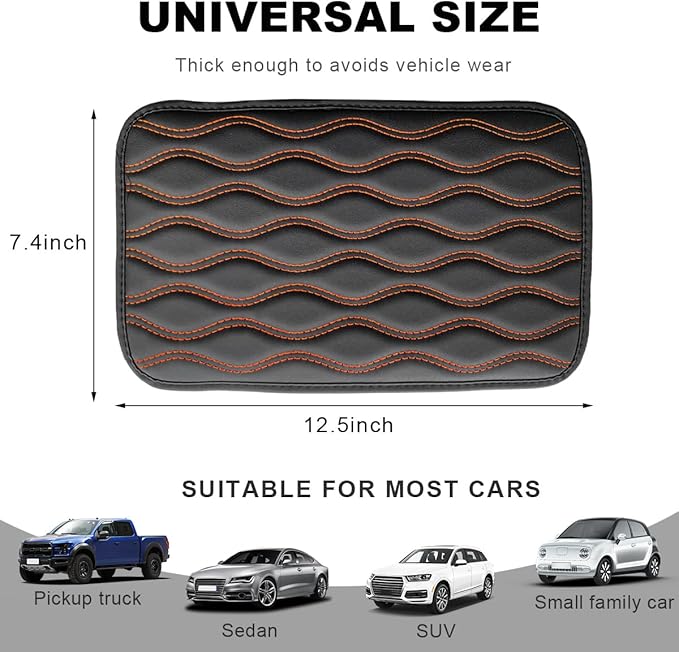 Car Center Console Cushion Pad, 12.48×7.40 Inches Waterproof Car Armrest Seat Box Cover, Comfortable PU Leather Vehicle Armrest Cover Protector, Car Decor Interior Accessories (Black＋Orange)