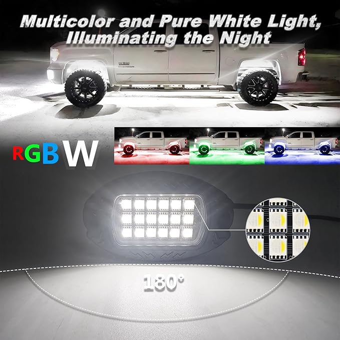 4Pods Heavy Duty Aluminum RGBW LED Rock Lights Kit for ATV UTV 4 Wheeler Can-Am SXS RZR Side by Side Offroad Vehicle, APP & RF Remote, Plug&Play Pre-Wired, IP67 Waterproof 12V Underglow Accent Light