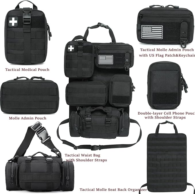 6 Pack Tactical Molle Car Seat Back Organizer - Tactical Vehicle Panel Organizer with 5 Detachable Molle Pouch,US Flag Patch and Keychain,Great Trunk Accessories for Man