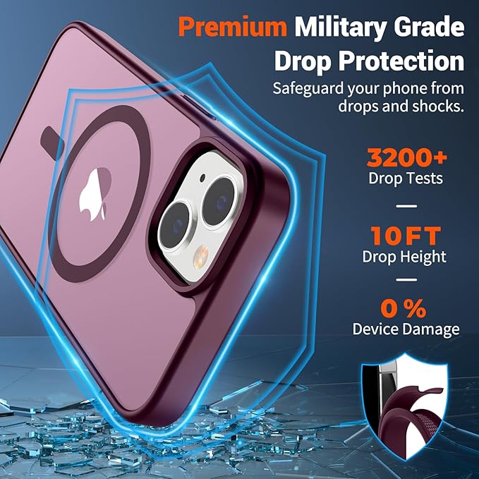 SUPFINE Magnetic for iPhone 15 Case (Compatible with MagSafe) (Military Grade Drop Protection) Slim Translucent Matte Shockproof with Anti-Fingerprint Phone Case, Wine Red