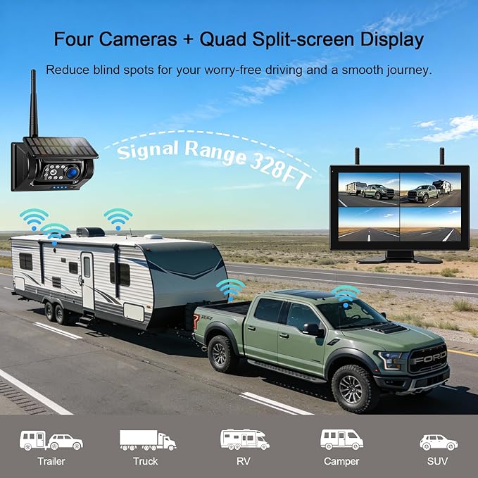 Fookoo 10.1“ Solar Magnetic Wireless Backup Camera HD 1080P DVR Touchscreen Monitor Portable 1 Min DIY Install No Drilling Rechargeable Battery Night Vision for RV Camper Trailer - DTC1004