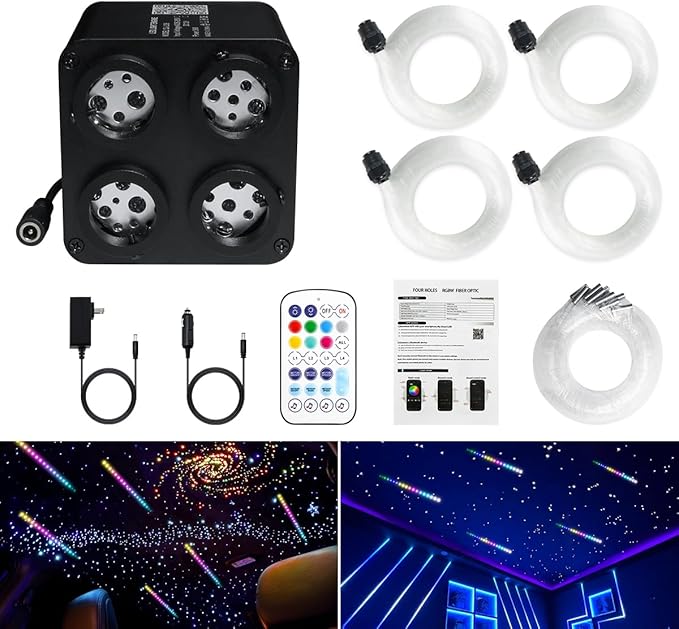 AMKI Updated 4Color Meteor Twinkle 36w Starlight Headliner Kits 2000pcs 0.03in 13.1ft, 240pcs RGB Meteor Shooting Star Cable, 2 in 1 Fiber Optic Light Box RGBW Sound Activated Mode for Car& Home Decor