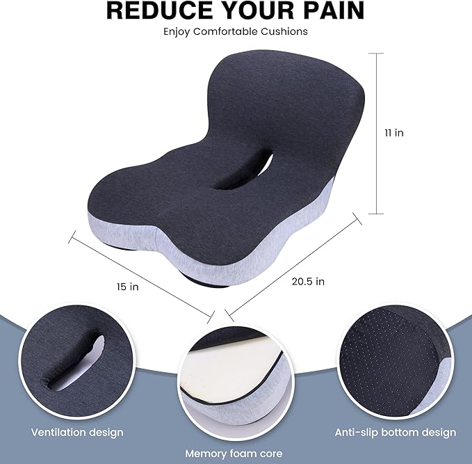 ZUAMEGUMemory Foam Car Seat Cushion – Ergonomic Driver Cushion for Sciatica & Tailbone Pain, Breathable Non-Slip Car Seat Pad for Car, Office Chair, Wheelchair