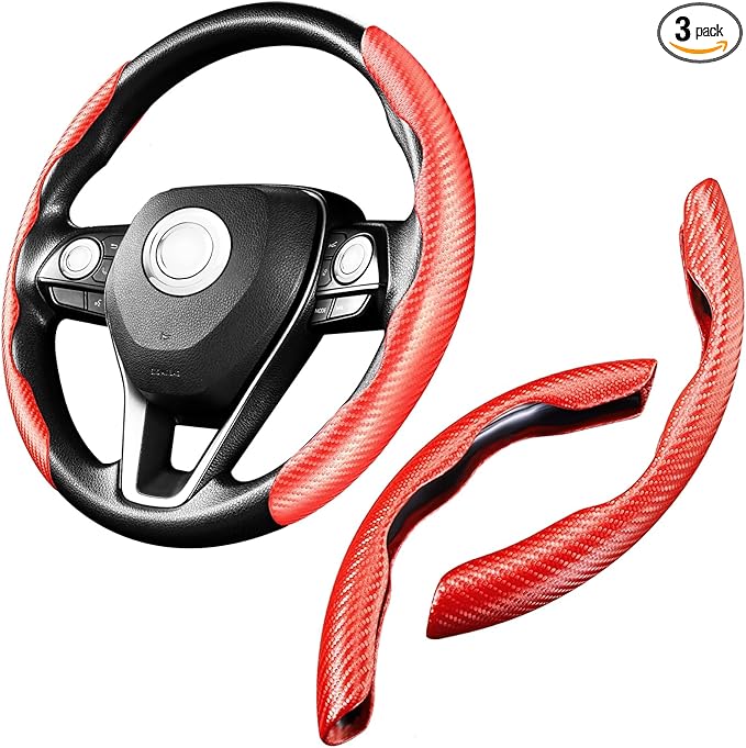 WSSROGY 2 Pack Carbon Fiber Car Steering Wheel Cover, Anti-Skid Segmented Steering Wheel Protector, Butterfly Steering Wheel Cover, Universal for 99 Car Wheel Cover Protector (Red)